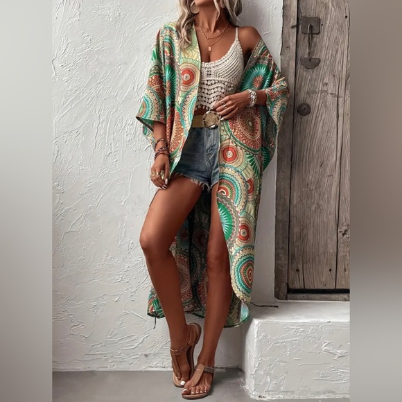 New Mandala Print Open Front Kimono Boho 3/4 Sleeve Cover Up Longline Swim Cover - Picture 3 of 10